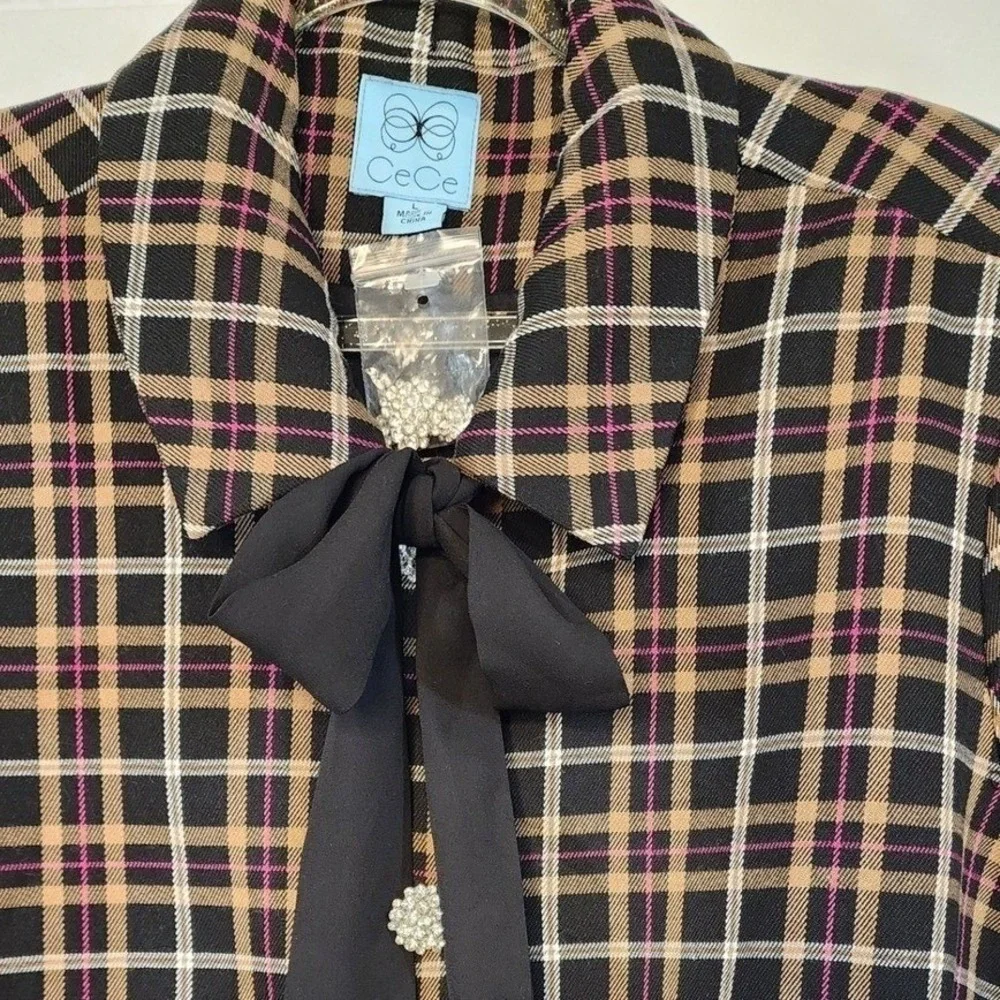CeCe Plaid Blazer Jacket Black Tan Pink Rhinestone Button Front Women's Large‎ - Picture 9 of 12